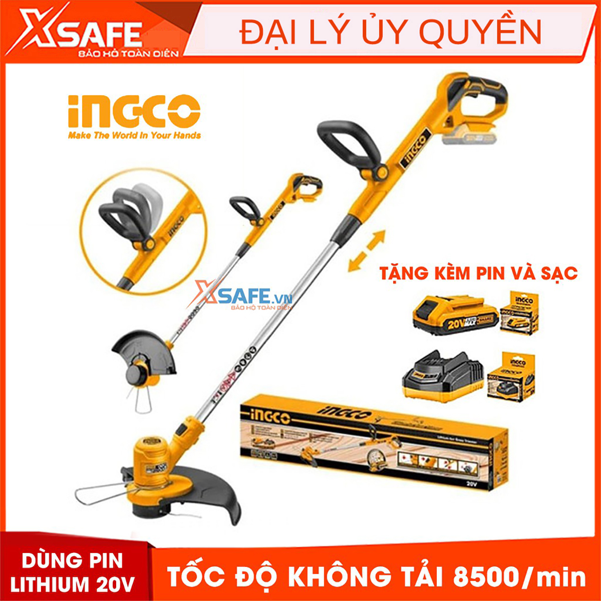 Máy cắt cỏ INGCO CGTLI2001 Tặng kèm Pin Lithium 20V 2ah và Sạc/Tốc độ không tải 8500/min, chiều dài lưỡi cắt 300mm