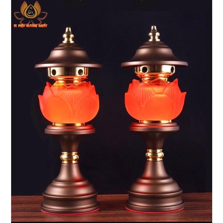 CẶP 2 CÂY ĐÈN LED HOA SEN LƯU LY ĐỎ CAM VÀNG THỜ CÚNG TRANG TRÍ