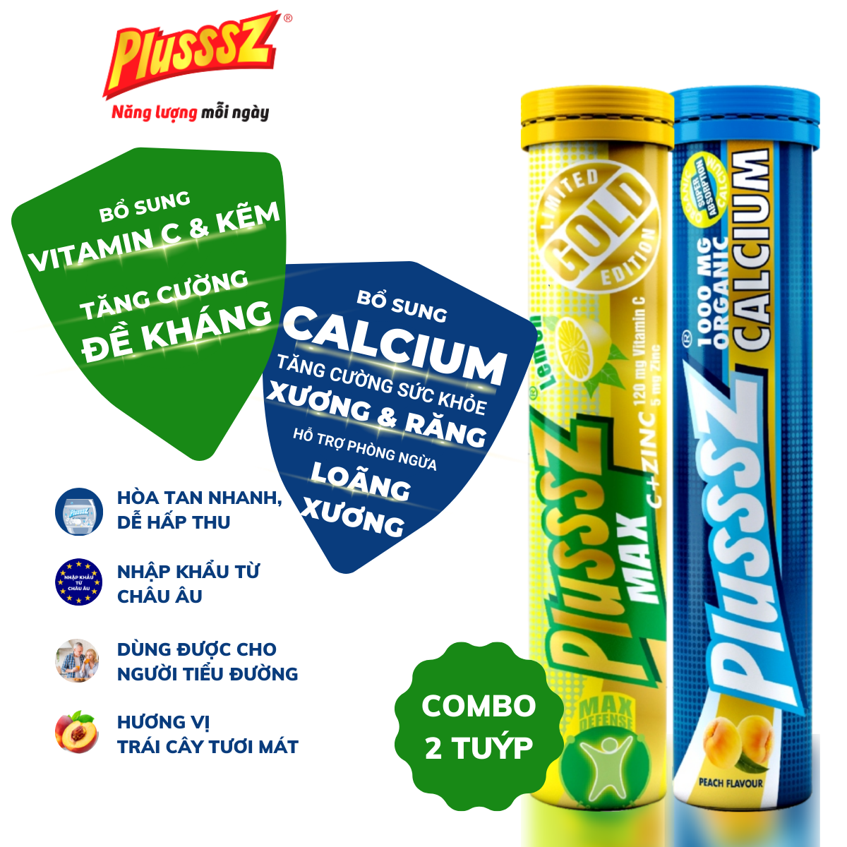 {COMBO 2 TUÝP] Viên sủi Plusssz Max Vitamin C + ZinC vị Chanh +  Viên sủi Plusssz Calcium vị Đào và chanh dây không Đường bổ sung canxi dạng hòa tan, dễ hấp thu hỗ trợ sức khỏe xương và răng, hỗ trợ ngăn ngừa loãng xương