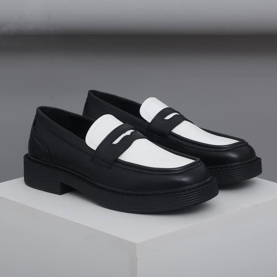 Giày penny loafer black and white, giày lười đốc, đế cao, khâu đế phối màu thời thượng