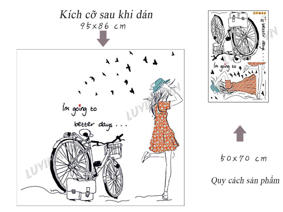 DECAL DÁN TƯỜNG HOA XANH TÍM VÀ CÔ GÁI XE ĐẠP