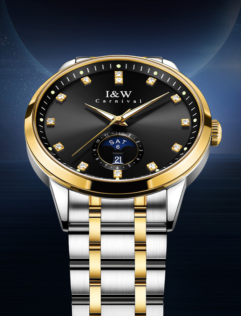 Đồng hồ nam chính hãng I&W Carnival 625G-T3 hàng mới fullbox,kính sapphire,chống xước,chống nước 50m,Bh 24 tháng,máy cơ (automatic),mạ vàng dây thép không gỉ