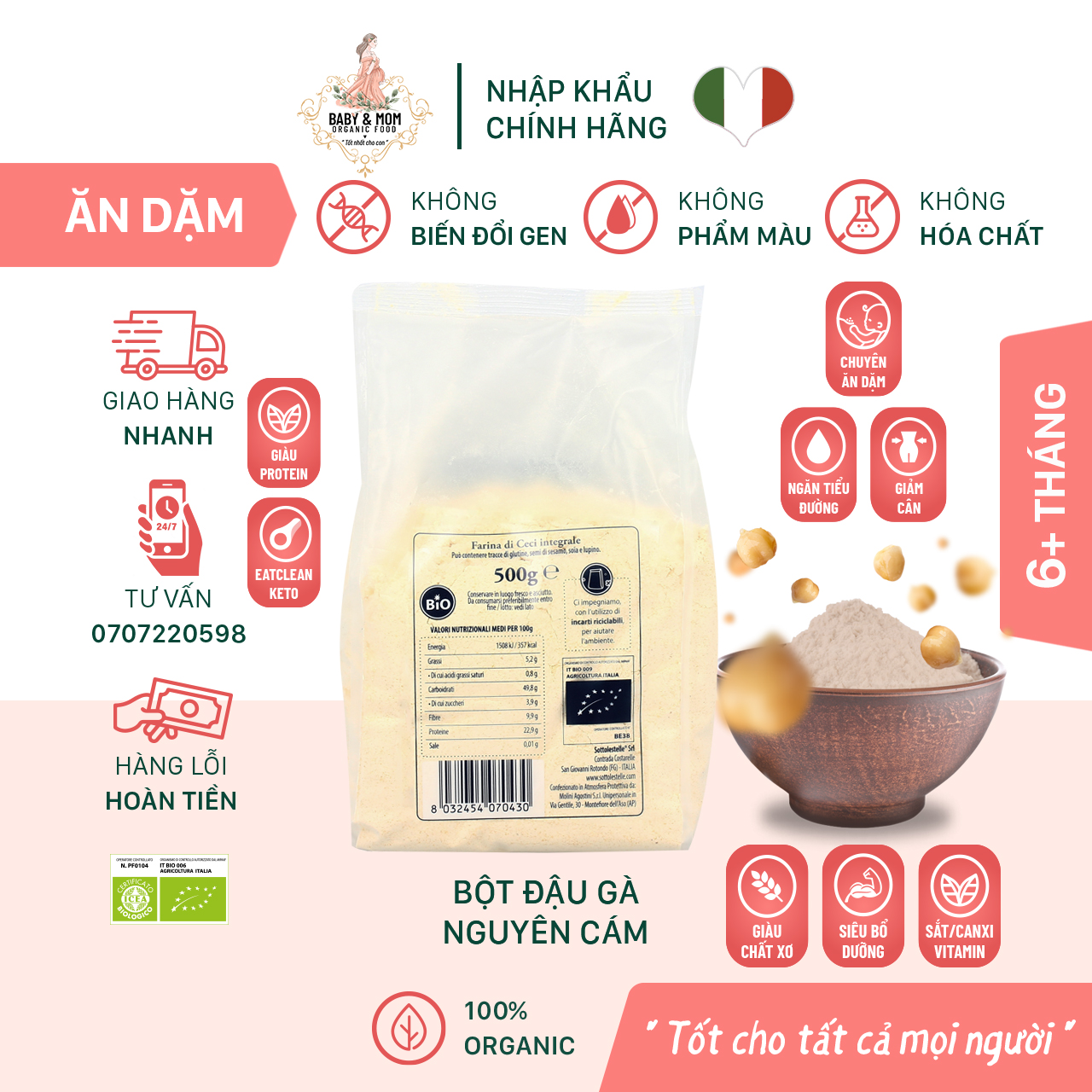 Bột đậu gà nguyên cám hữu cơ Sottolestelle 500g