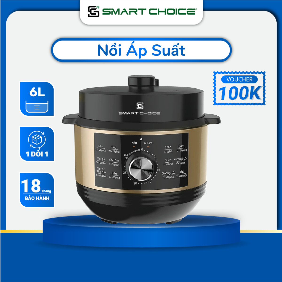 Nồi Áp Suất Điện Cao Cấp Chống Dính SMARTCHOICE - 6L -  13 Chế Độ Nấu, Bảng Điều Khiển Cơ, Nồi Áp Suất Cao Cấp Lòng Nồi Chống Dính, An Toàn Sức Khỏe, Dễ Vệ Sinh - Bảo Hành Chính Hãng 18 Tháng