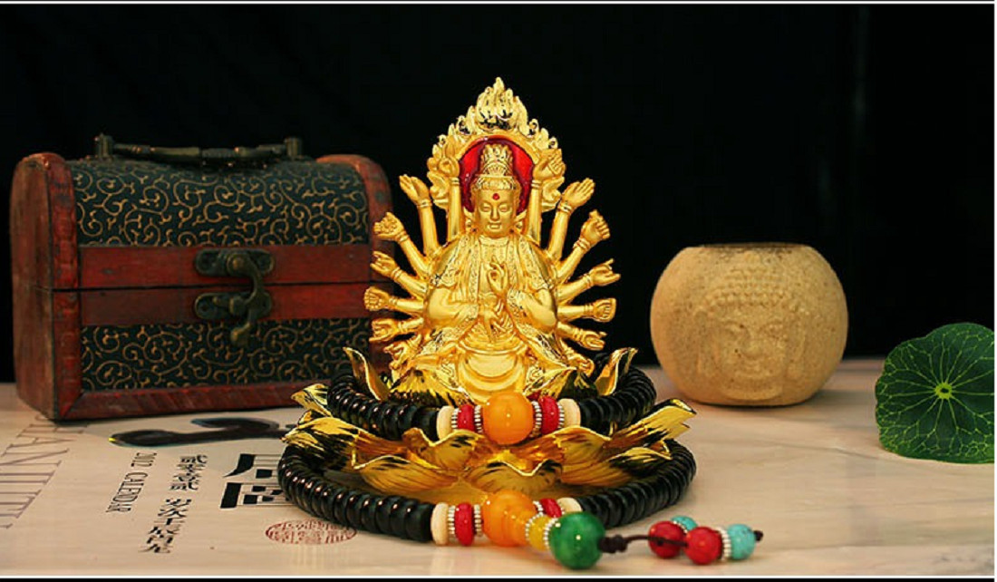 Tượng Phật Quan Âm nghìn tay hai mặt thiền đài sen 02 có nước hoa Tượng phật phong thủy để ô tô trang trí trong nhà để bàn làm việc