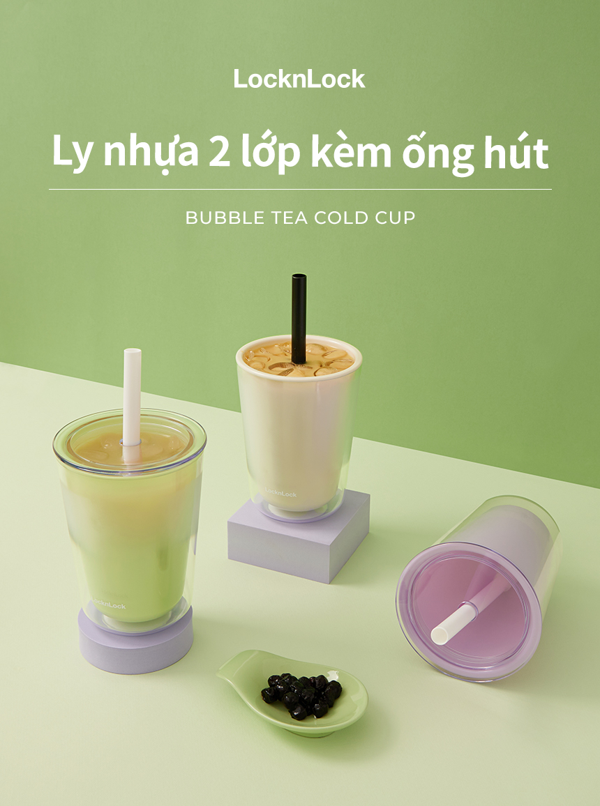 Ly nhựa 2 lớp LocknLock Bubble Tea Cold Cup màu xanh lá HAP529GRN 720ml, Hàng chính hãng, kèm ống hút trân châu - JoyMall