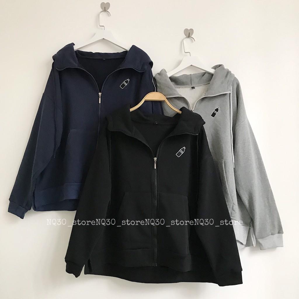Áo Khoác Chất Nỉ Da Cá Thêu Hình Chai Form Rộng Nữ Đen Xanh Xám Ullzang
