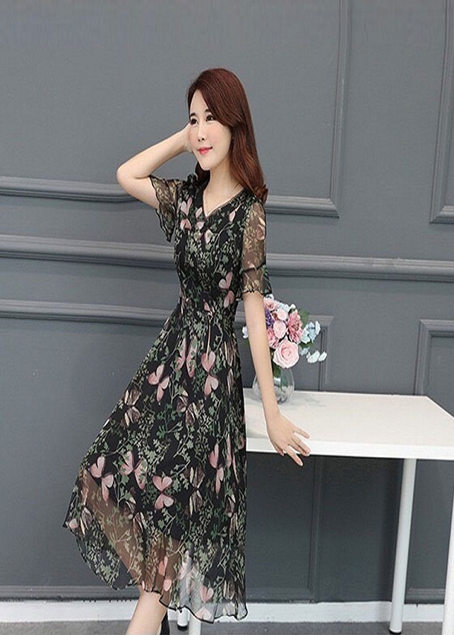 Đầm Xòe Voan Hoa 3D Tay Loe Cao Cấp