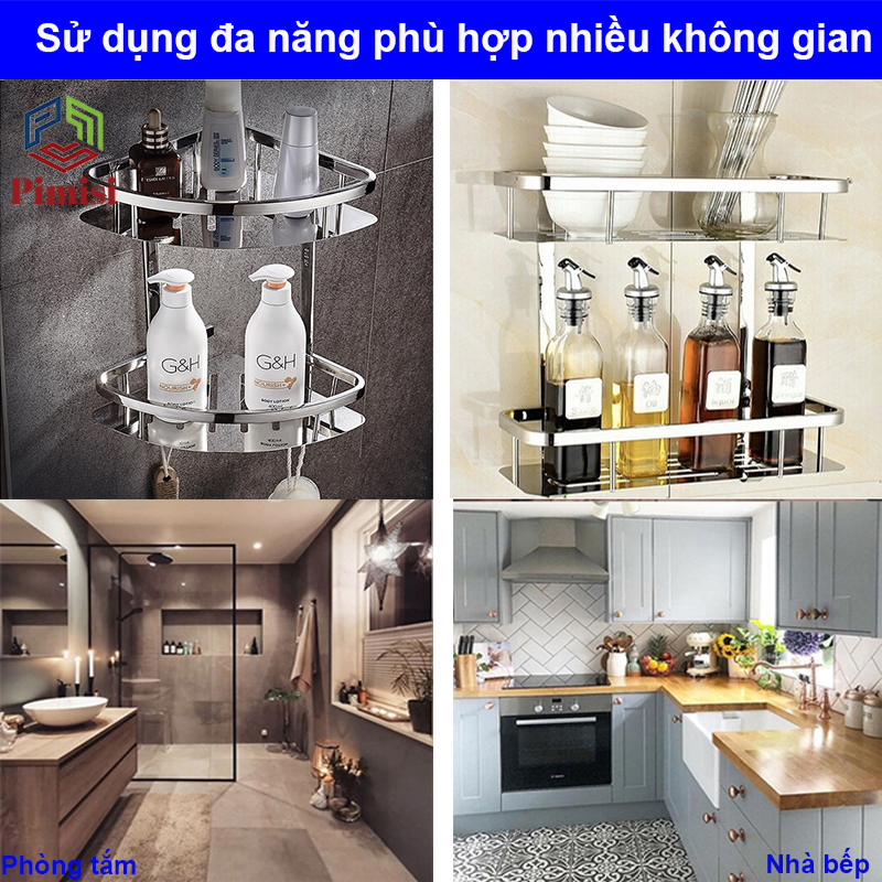 Kệ Góc Nhà Tắm Để Đồ Trong Phòng Vệ Sinh Pimisi Inox 304 Hình Tam Giác Đựng Đồ Trong Phòng Tắm Hoặc Kệ Nhà Bếp 1 - 2 Tầng Sáng Bóng Dễ Vệ Sinh, Gắn Tường Bằng Khoan Vít Đinh Chắc Chắn | Hàng chính hãng