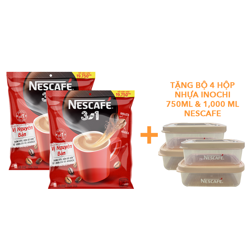 Cà phê hoà tan NESCAFÉ 3IN1 VỊ NGUYÊN BẢN - công thức cải tiến - COMBO 2 bịch x 46 gói - [TẶNG 4 HỘP NHỰA INOCHI 750ml &amp; 1000ml]