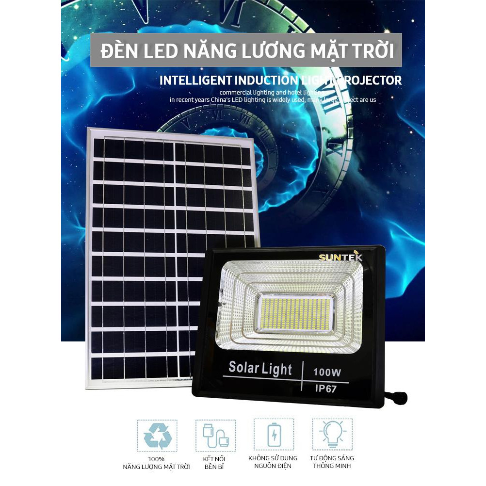 Đèn năng lượng mặt trời Suntek 100W_200W - Chính hãng - hộp đèn nhôm đúc - thời gian sáng trên 12hr