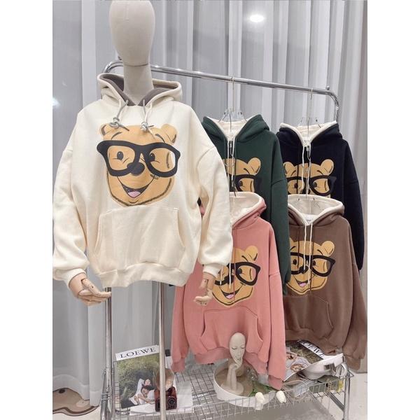 ÁO HOODIE NỈ HAI MŨ FORM RỘNG TAY BỒNG - GẤU ĐEO KINH