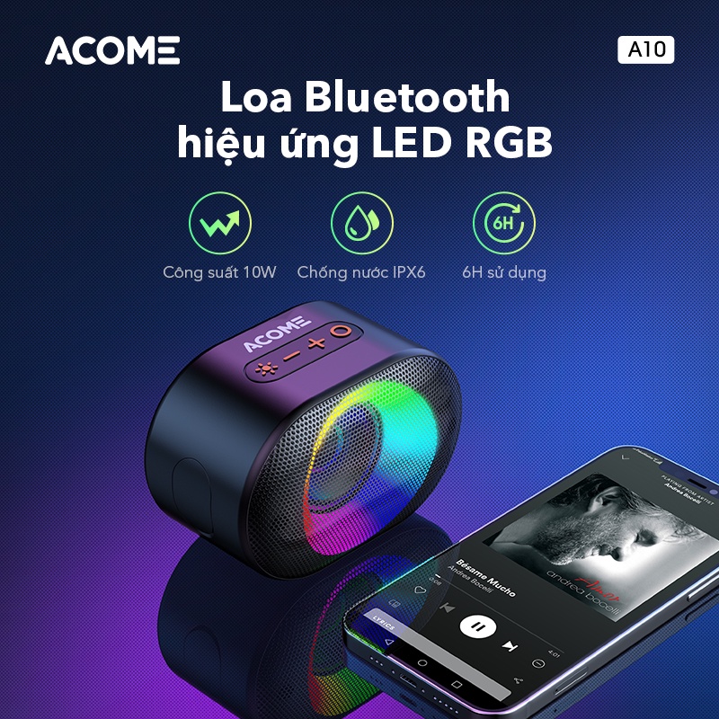 Loa Bluetooth ACOME A10 Hiệu Ứng LED Công Suất 10W Chống Nước IPX6 Công Nghệ TWS - Hàng Chính Hãng