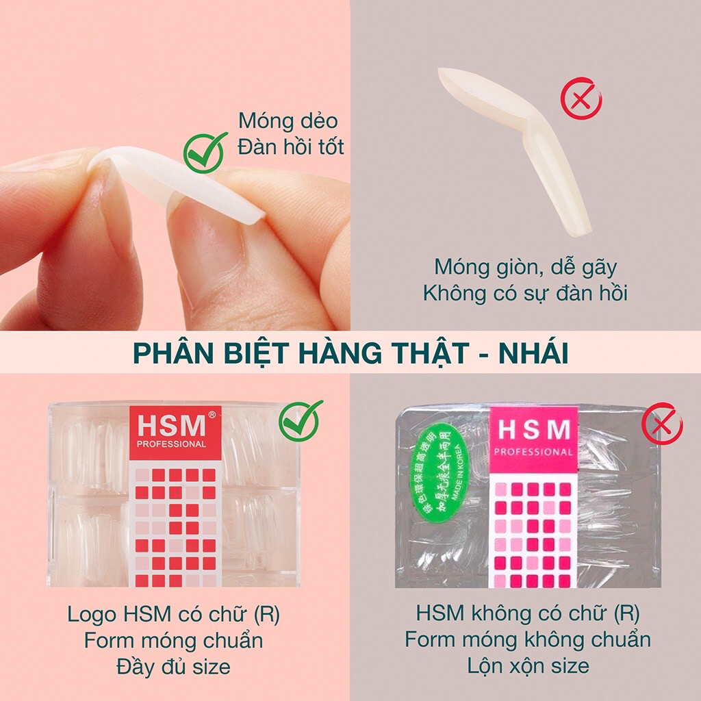 Móng úp HSM - Hộp 500 móng tay ốp phom chuẩn đẹp không cần dũa