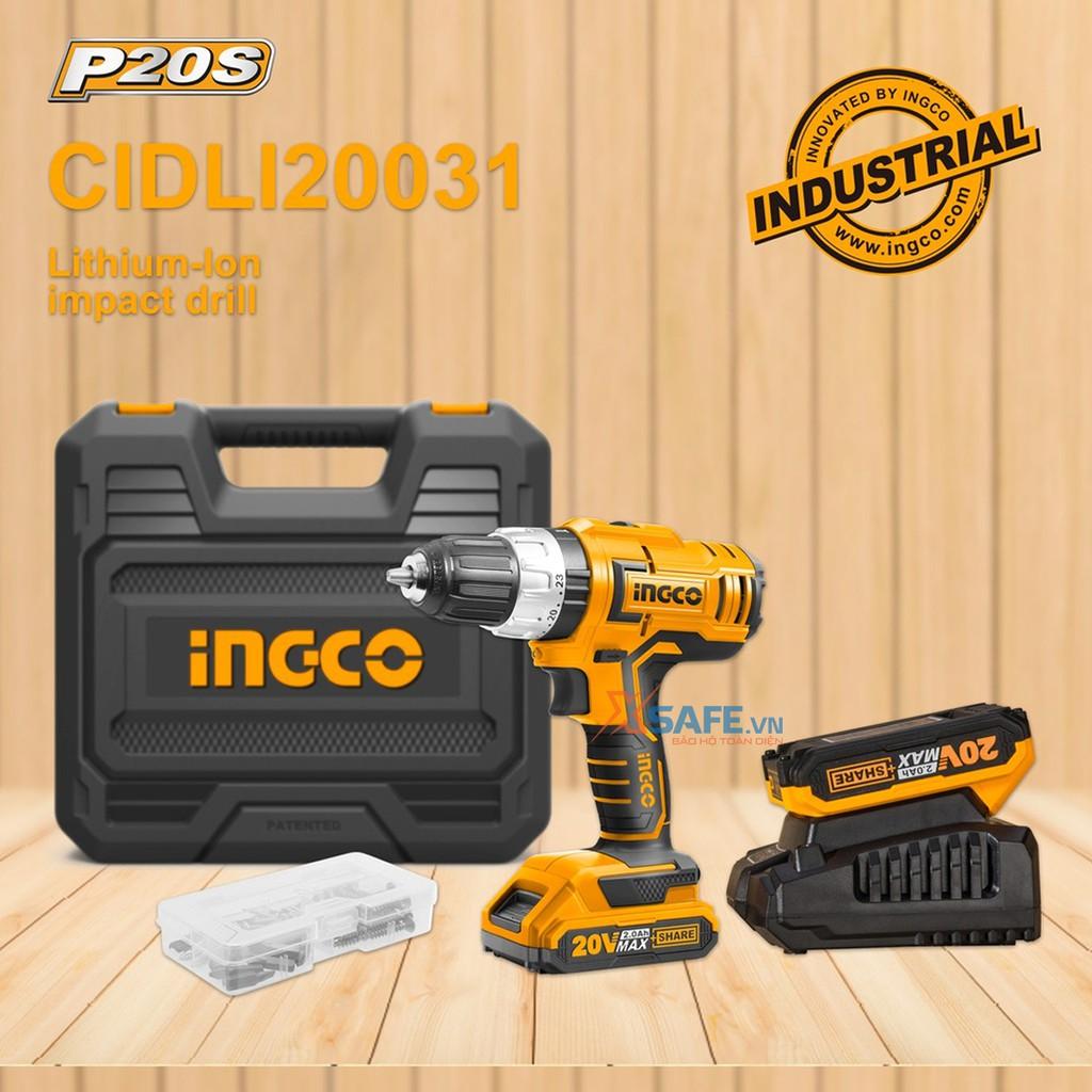 Máy khoan búa dùng pin Lithium 20V INGCO CIDLI20031 Tặng kèm 53 món gồm 2 pin, 1 sạc và 50 món linh kiện có đèn LED