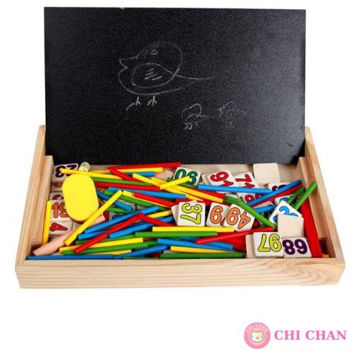 Đồ chơi gỗ kết hợp toán học có đồng hồ, que tính, bảng đen, số, phấn, lau bảng, cho bé từ 4 tuổi, đồ chơi giáo dục