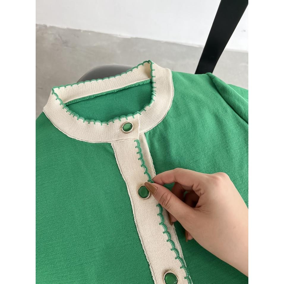 Áo len dệt kim croptop nữ Méo shop tay ngắn dáng rộng cardigan cộc tay có cúc Green