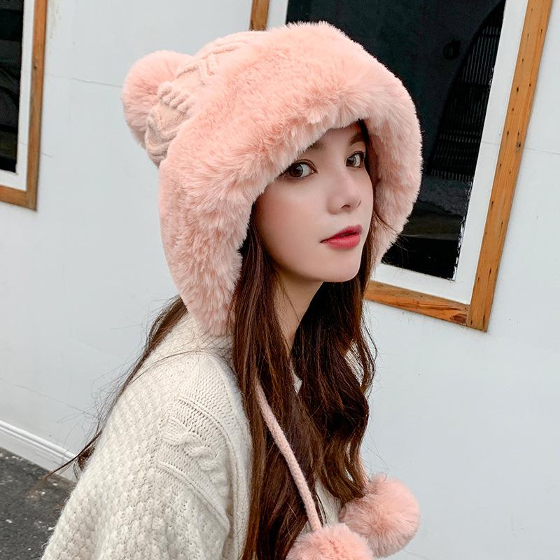 Len Mới Thời Trang Dễ Thương Pompoms Mùa Đông Nón Nữ Nga Nón Nữ Dày Ấm Nga Mũ Lông Thú Nữ Dệt Kim Trượt Tuyết Earflap mũ Lưỡi Trai