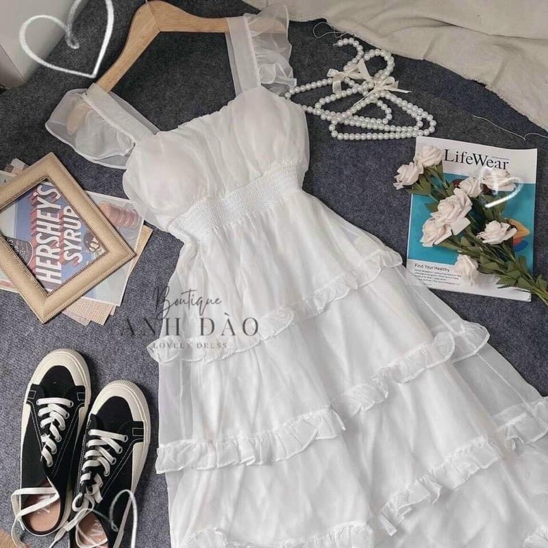 Váy đầm trắng dự tiệc maxi xòe 5 tầng công chúa xếp tầng dài hai dây bèo cánh tiên mùa tết. MET SHOP
