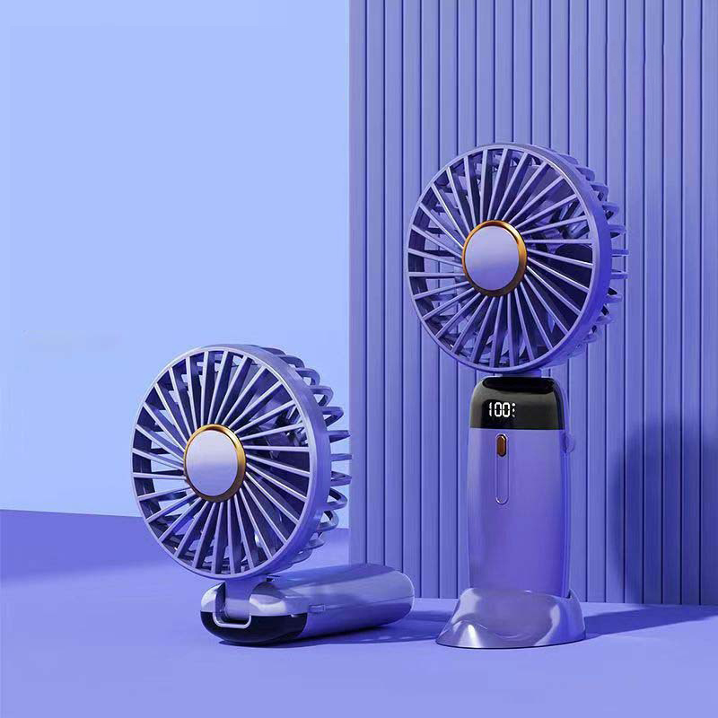 Quạt Cầm Tay Mini Sạc Pin Tích Điện 5 Cấp Độ Gió Gấp Gọn Dung Lượng Pin Cao Có Màn Hình Hiện Thị % Pin Và Cấp Độ Gió Kèm Đế Để Điện Thoại Và Dây Đeo Cổ- Giao Màu Ngẫu Nhiên Hàng Nhập Khẩu