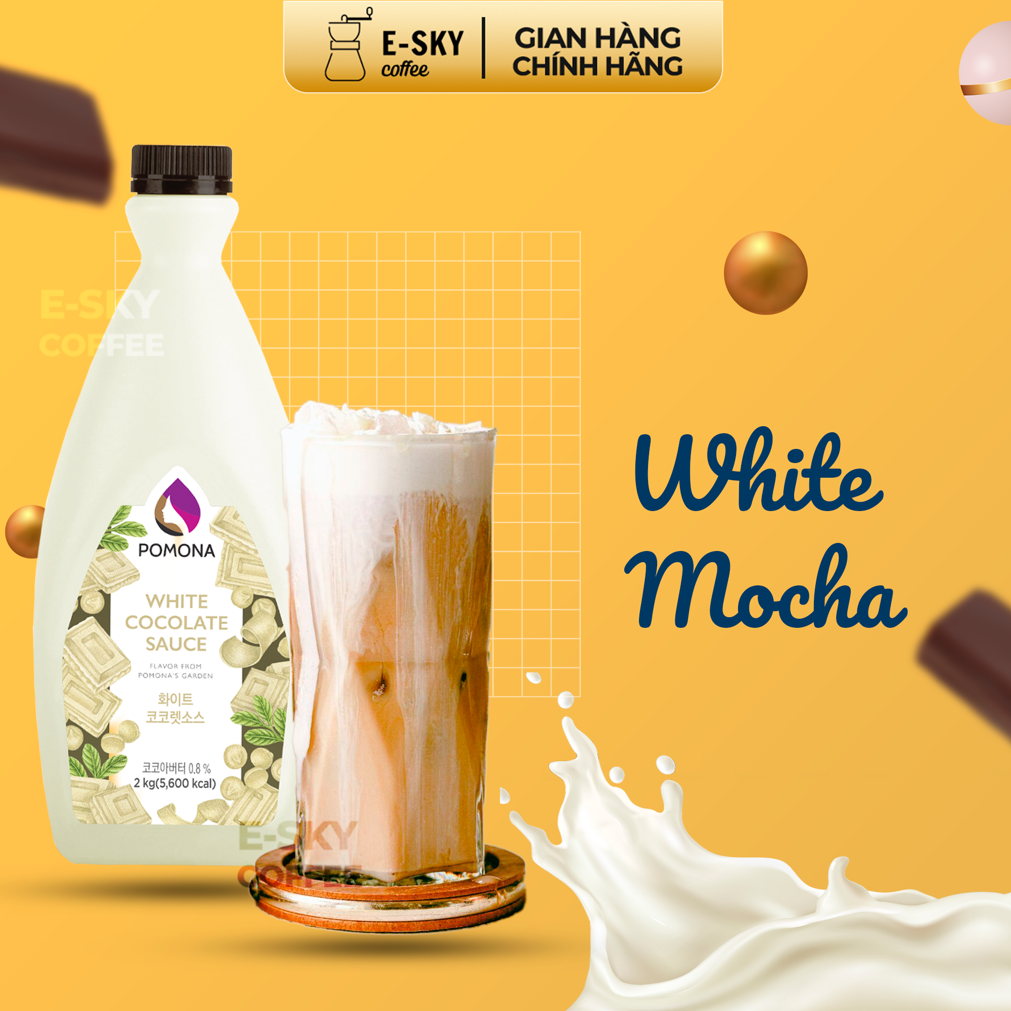 Sốt Socola Trắng POMONA White Chocolate Sauce Nguyên Liệu Pha Chế Hàn Quốc Chai 2kg