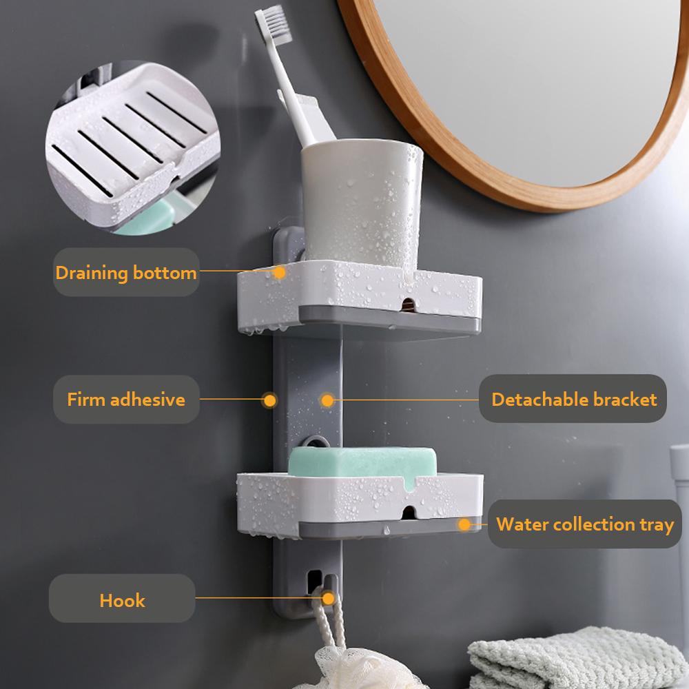 Đĩa xà phòng treo tường 2 tầng có thể tháo rời với bảng thoát nước và móc, vật liệu nhựa chất lượng cao