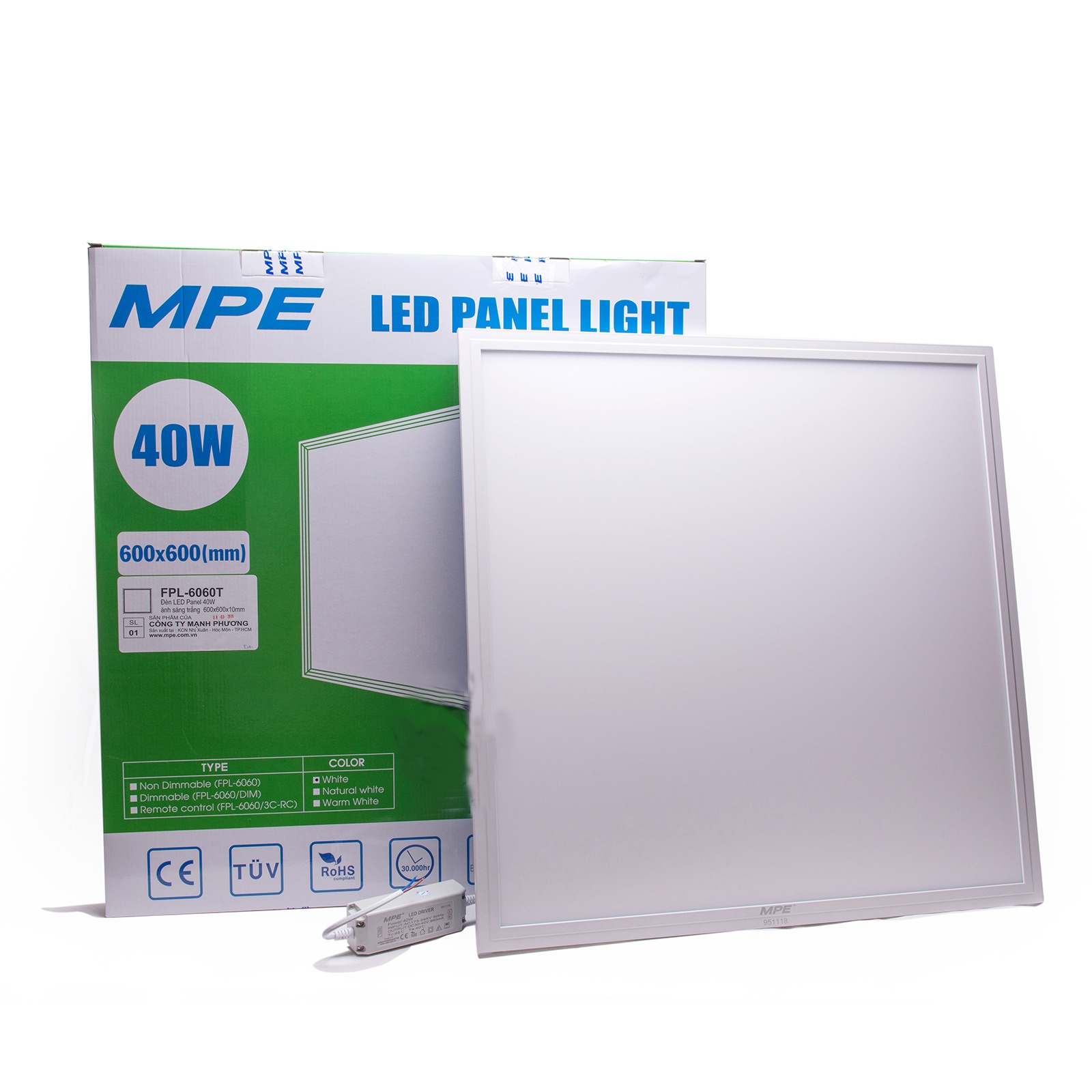 Đèn led Panel MPE FPL-6060 kích thước 60x60 ánh sáng trắng 6500K &amp; vàng 3200K - Hàng chính hãng