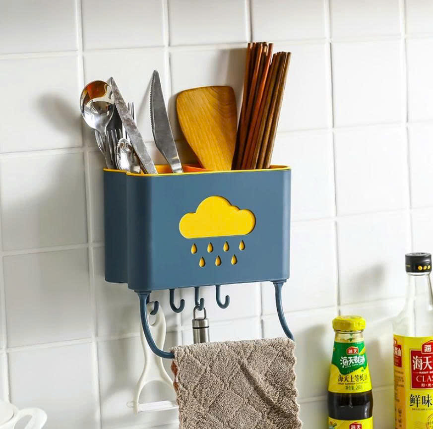 Hộp đựng đũa muỗng treo tường kèm móc treo khăn và dụng cụ bếp, ống đựng đũa muỗng hình đám mây