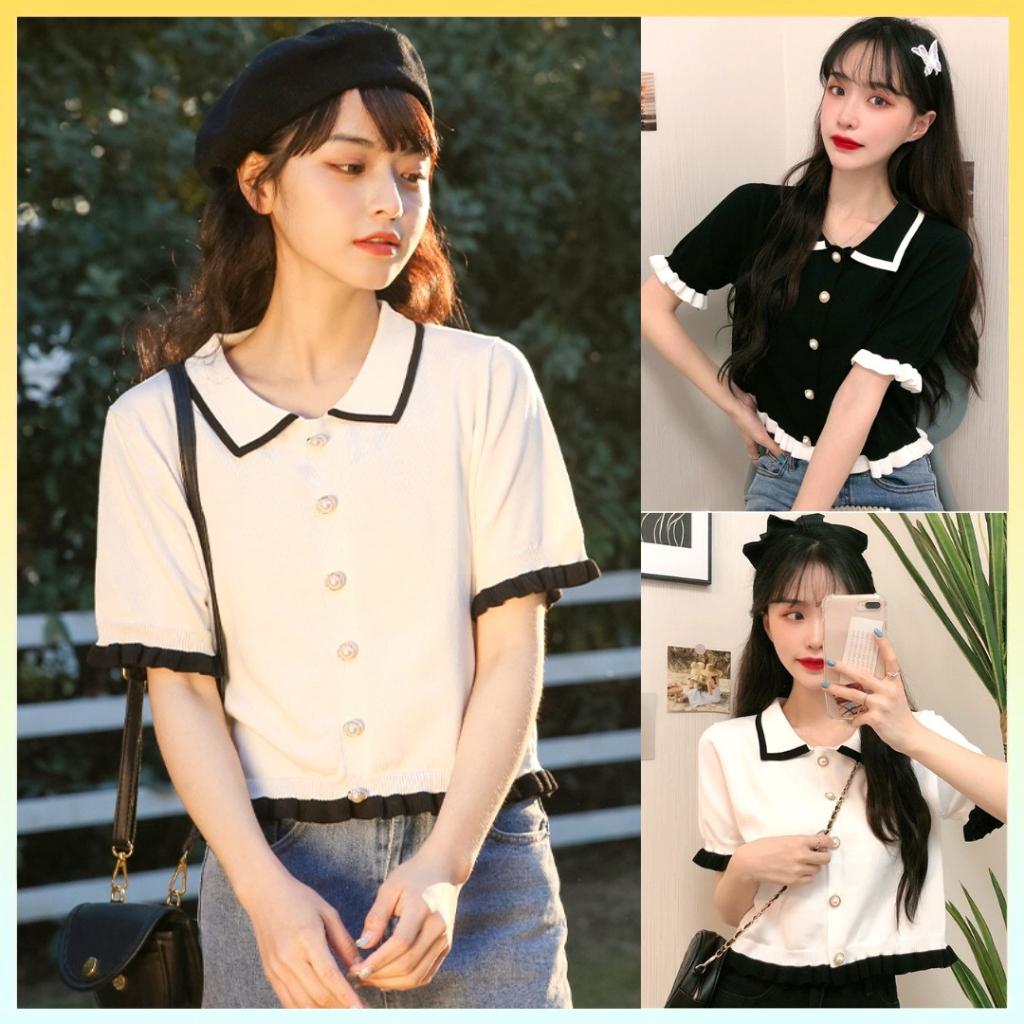 [L2M] Áo len Montoghi dệt kim BÈO BÚP BÊ cổ bẻ phối nút dễ thương
