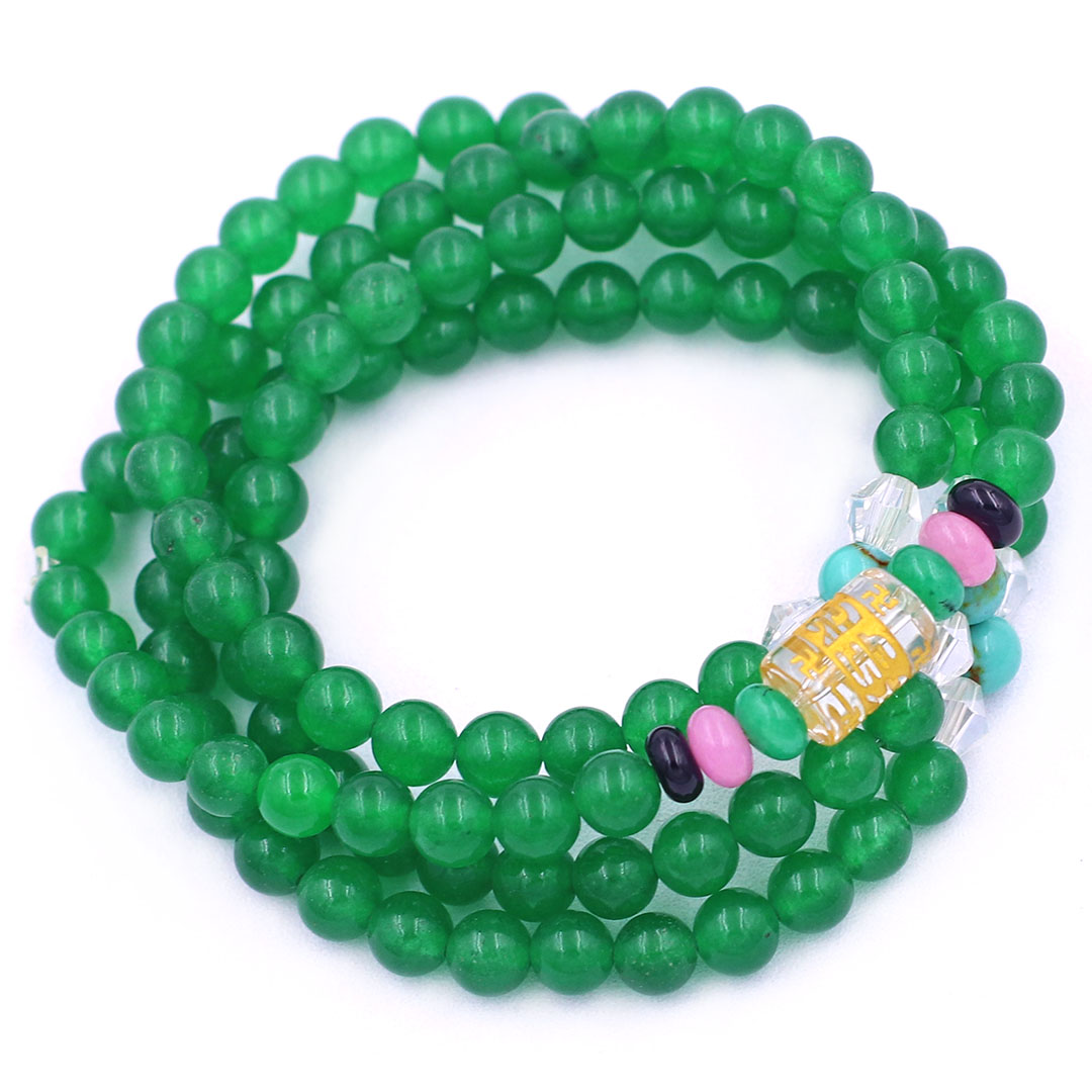 Vòng chuỗi 108 hạt đá thạch anh xanh lá charm lục tự chân ngôn - hạt 8 ly , vòng chuỗi niệm Phật, vòng chuỗi đeo tay