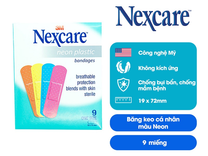 Gói 9 miếng băng keo y tế cá nhân màu Neon 3M- Nexcare