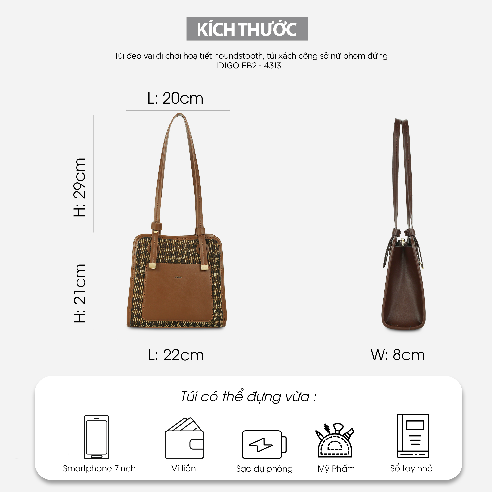 Túi đeo vai đi chơi hoạ tiết houndstooth, túi xách công sở nữ phom đứng IDIGO FB2 - 4313