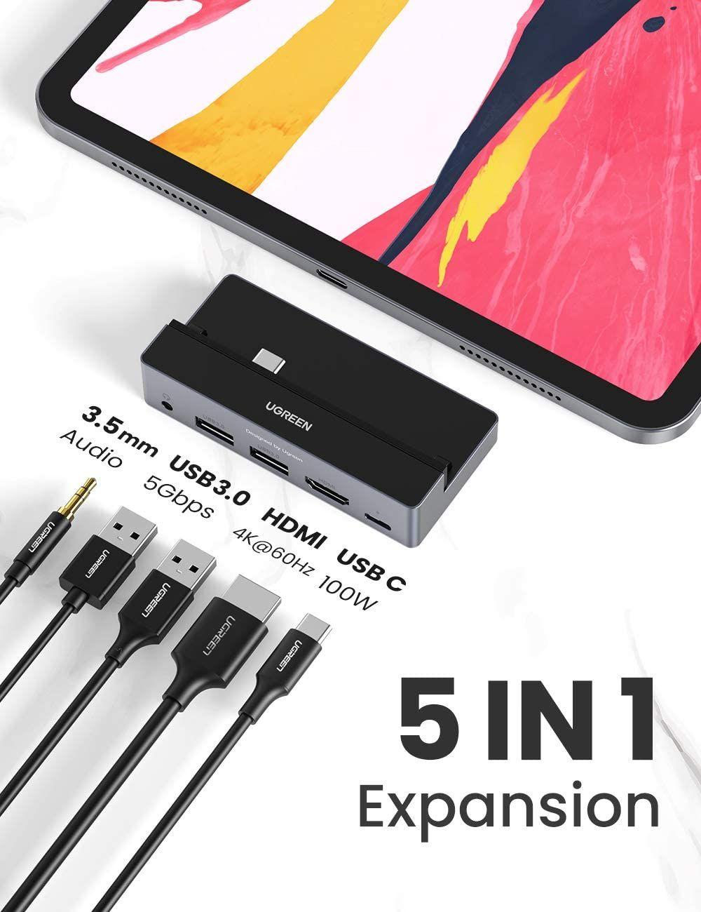 Ugreen UG70688CM317TK dành cho ipad 5 trong 1 màu đen 2 x Usb A 3.0 + 4K 60hz HDMI + 100W PD + 3.5mm Audio bộ chuyển type C - HÀNG CHÍNH HÃNG