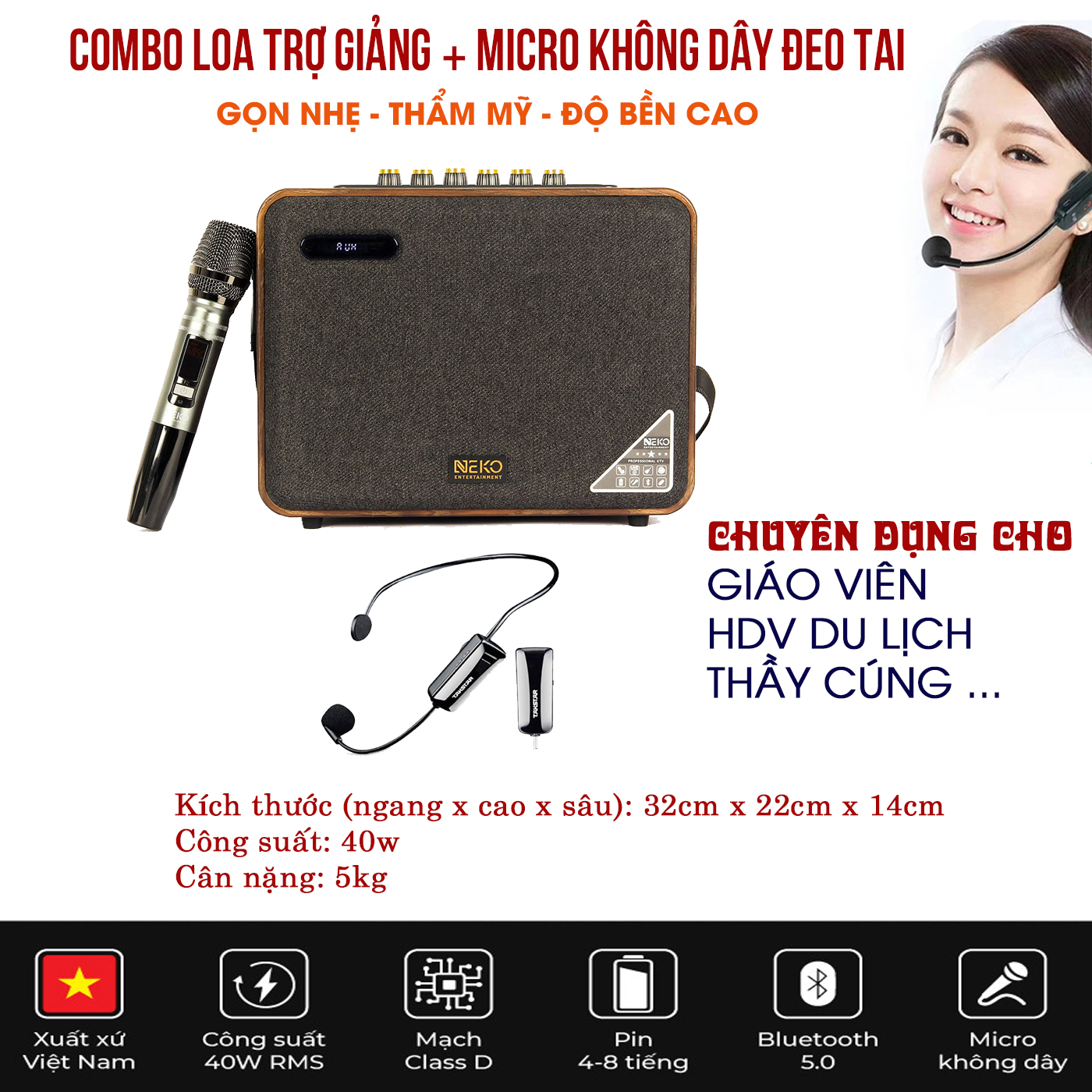 Combo Loa trợ giảng Neko NK01 và Micro không dây đeo tai TAKSTAR - Chuyên dụng cho giáo viên, thầy cúng - Hàng chính hãng