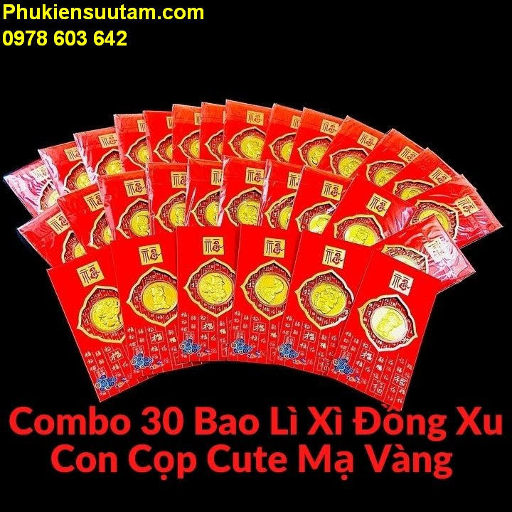 Combo 30 Bao Lì Xì Đồng Xu Con Cọp Cute Mạ Vàng, Quà tặng tiền lì xì độc lạ cho bạn bè và người thân nhân dịp năm mới 2022, kích thước 17x9x0.3cm, màu đỏ - TMT Collection - SP005486