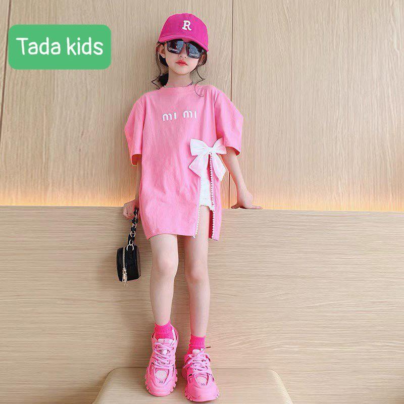 Áo thun cho bé gái kiểu giấu quần phối nơ phong cách Hàn Quốc từ 12-60kg chất cotton mịn đẹp