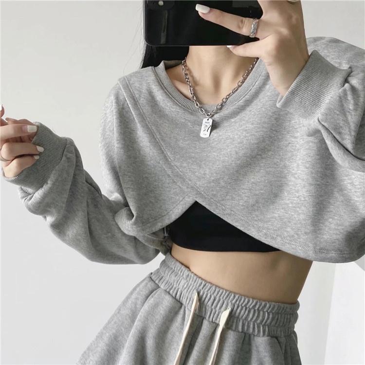 Áo croptop tay dài form rộng, áo kiểu nữ croptop tay phồng co giãn tặng kèm bra Ulzzang, phong cách Hàn Quốc, AO011