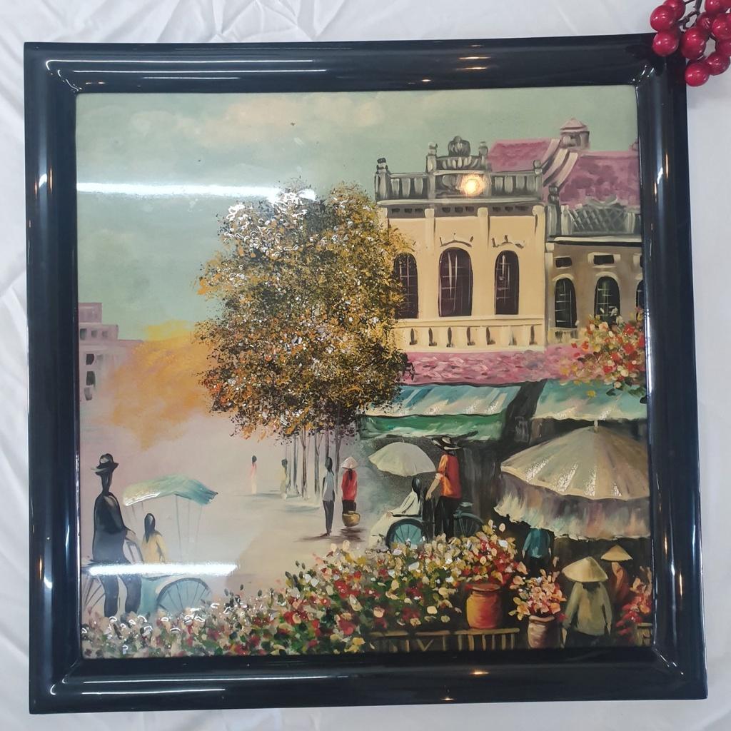 Tranh sơn mài vẽ có khảm trứng cao cấp Thanh Bình Lê size 45x45 cm treo tường, trang trí nhà cửa, văn phòng