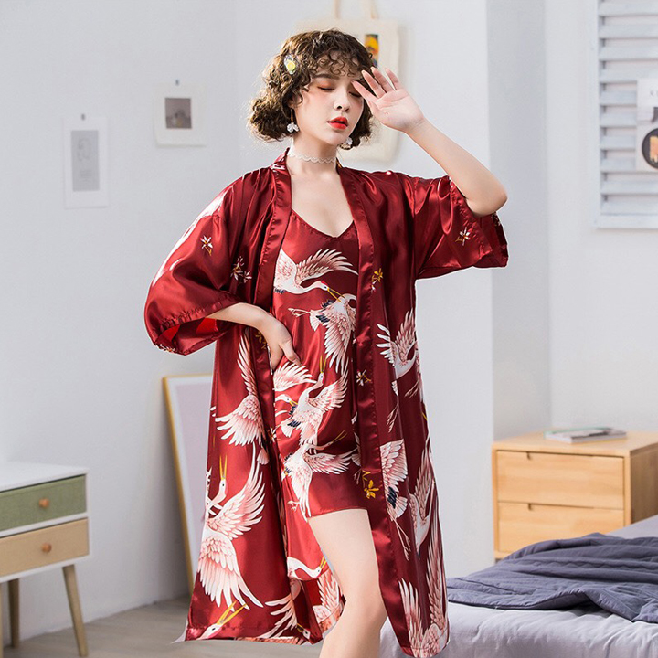 Combo váy ngủ lụa kèm áo choàng chim hạt Q133 - Sét choàng ngủ 2 món, Áo + Váy chất lụa satin cao cấp