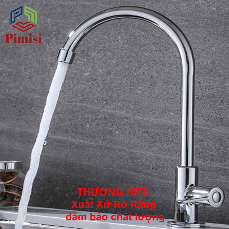 Vòi Rửa Chén Lạnh 1 Đường Nước INOX 304 Pimisi Cao Cấp Mạ Xi Cr/Ni Sáng Bóng Cổ Xoay Bi Cấp Nước Cho Chậu Rửa Bát 1-2-3 Hố Trong Nhà Bếp Gắn Chậu Âm - Dương Bàn Đá Quay 360 Tăng Áp Kiểu Đơn Cổ Ngỗng Cần Cứng - Thân - Để To | Hàng chính hãng