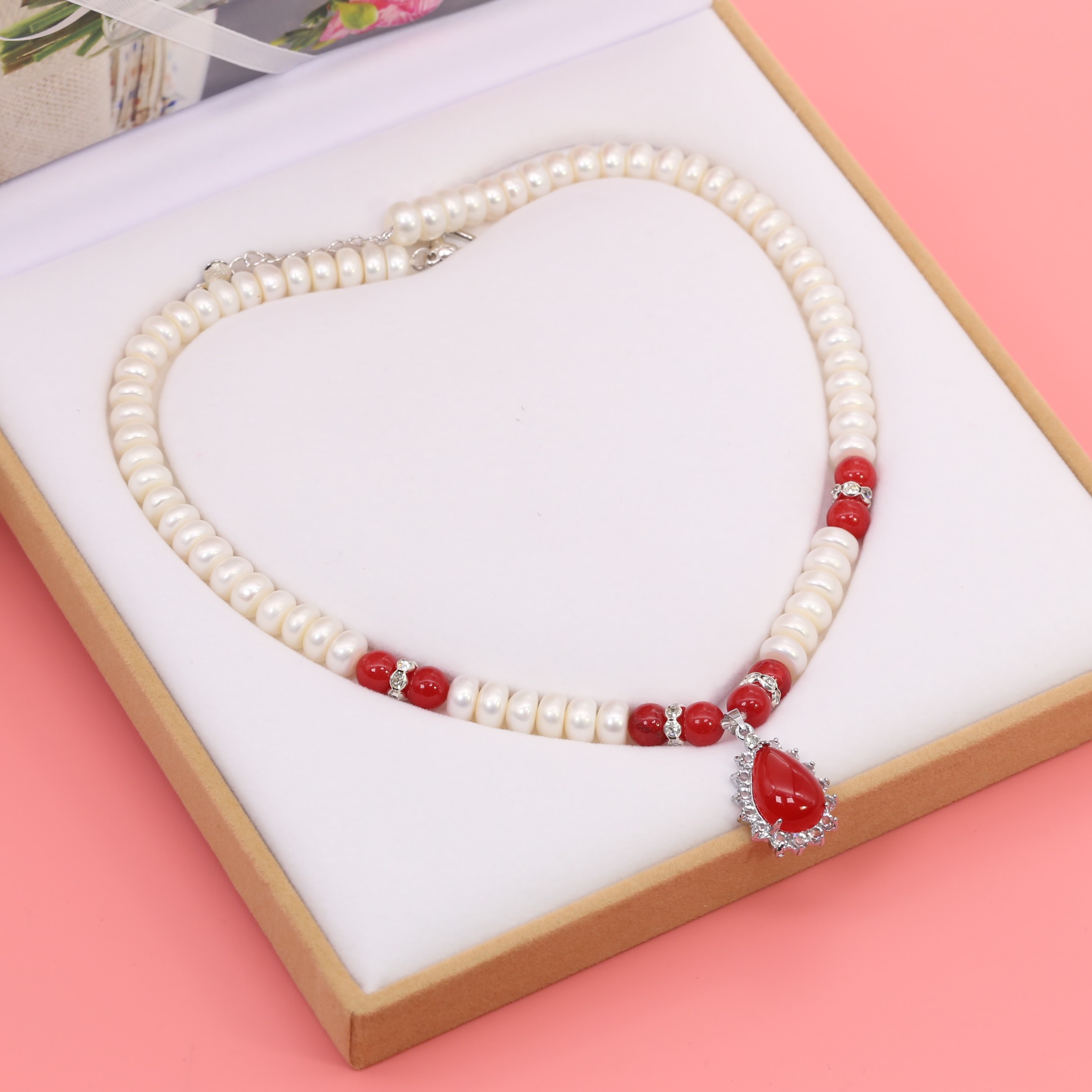 Chuỗi Ngọc Trai Mặt Đá Mã Não Đỏ DB-2010 Bảo Ngọc Jewelry