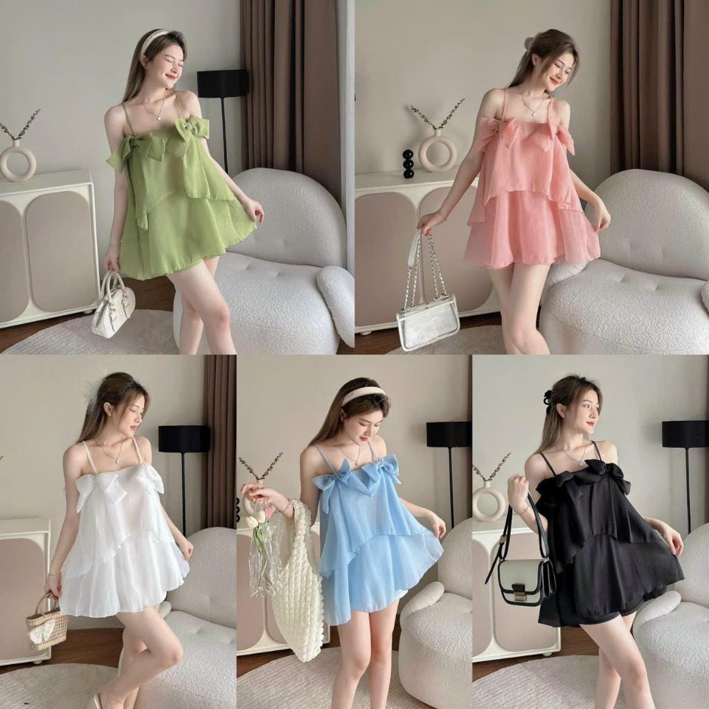 Sét bộ áo 2s bèo tầng đính nơ kèm quần ngắn