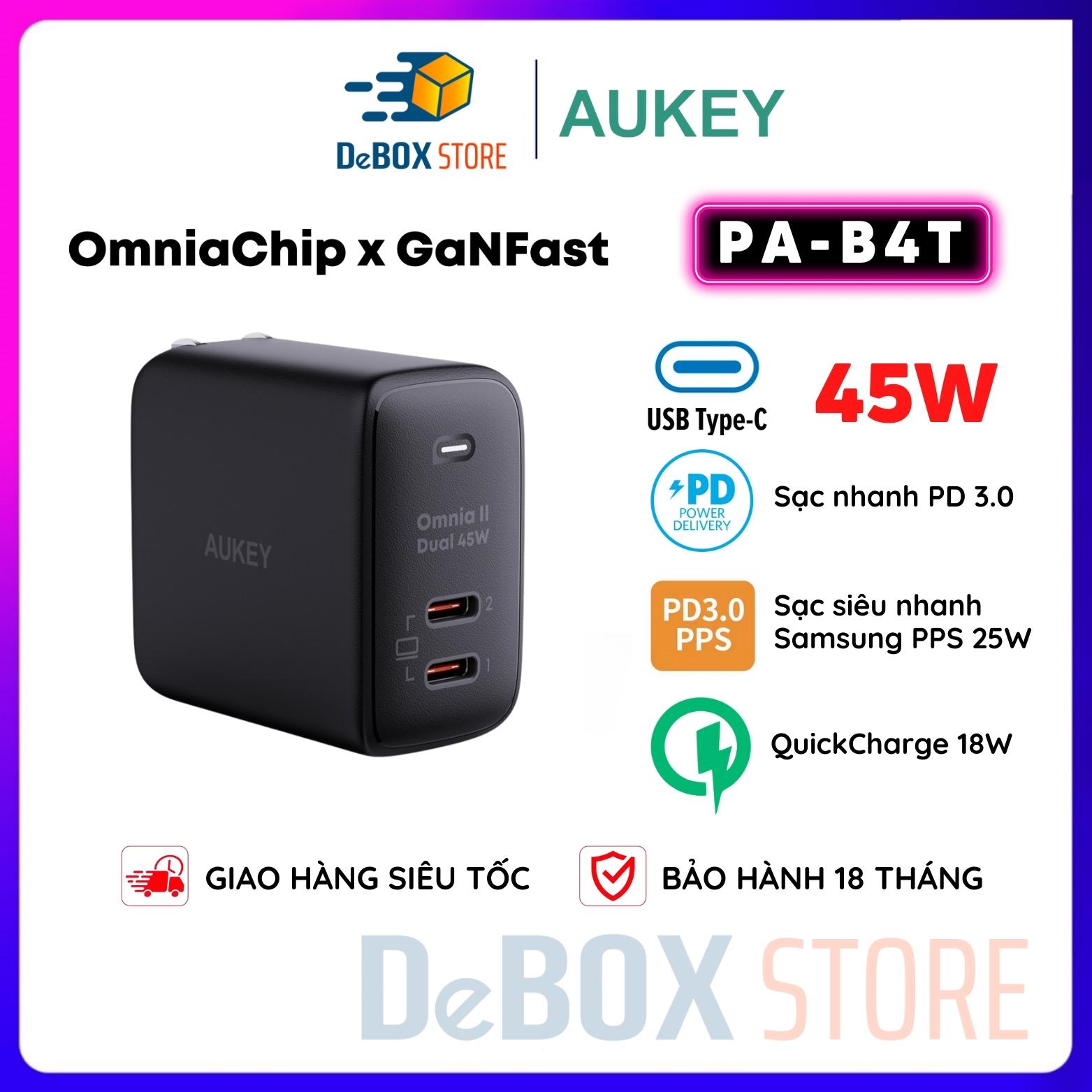 Sạc siêu nhanh 2 cổng AUKEY PA-B4T Omnia ll Duo 65W GAN Hổ trợ công nghệ PD/PPS/QC 4.0 cho Laptop - Hàng Chính Hãng