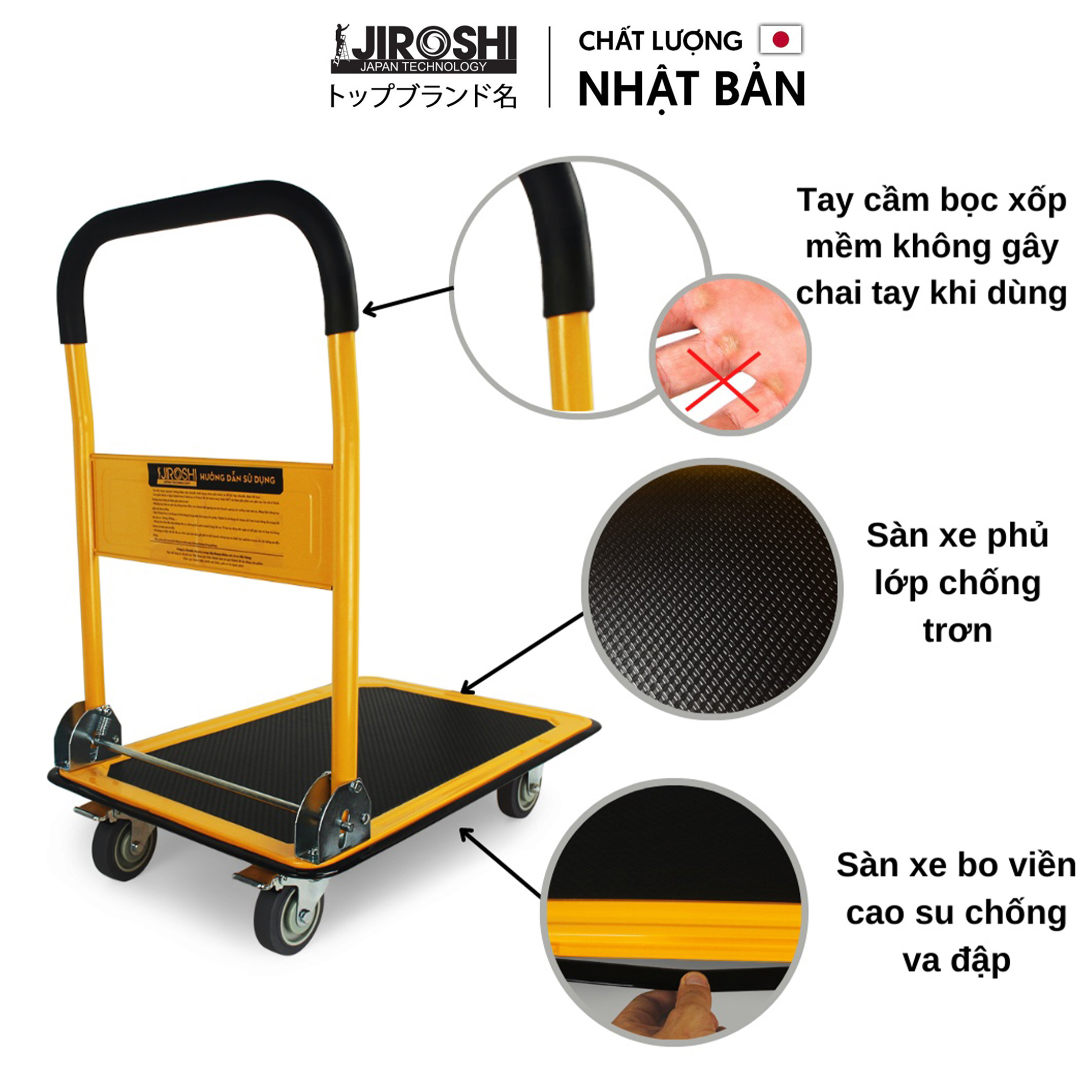 Xe đẩy hàng 4 bánh gấp gọn 150kg JIROSHI bánh chống ồn có khoá, xe kéo hàng bốn bánh tay xếp gọn chở đồ tải nặng