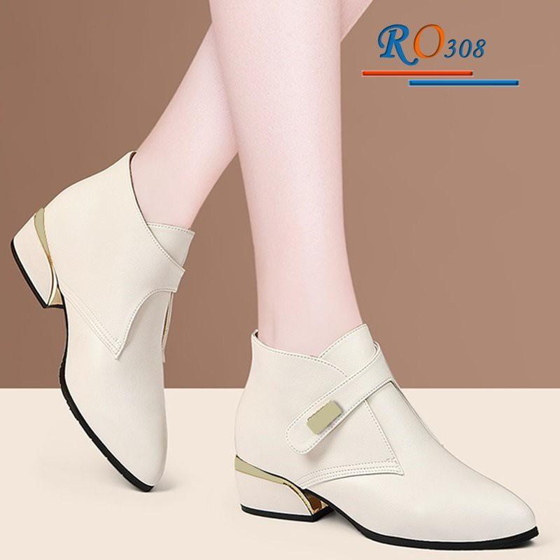 Boot thời trang nữ da lì cao cấp ROSATA RO308 4p gót trụ - Đen, Kem - HÀNG VIỆT NAM - BKSTORE