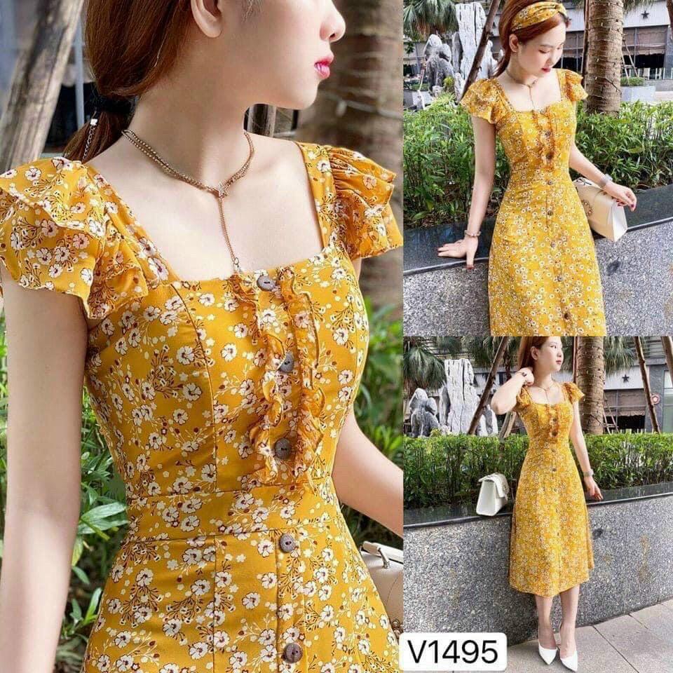 Váy Đầm Hoa Nhí Cánh Tiên Xếp Bèo Kèm Băng Đô Trẻ Trung Thời Trang Nữ