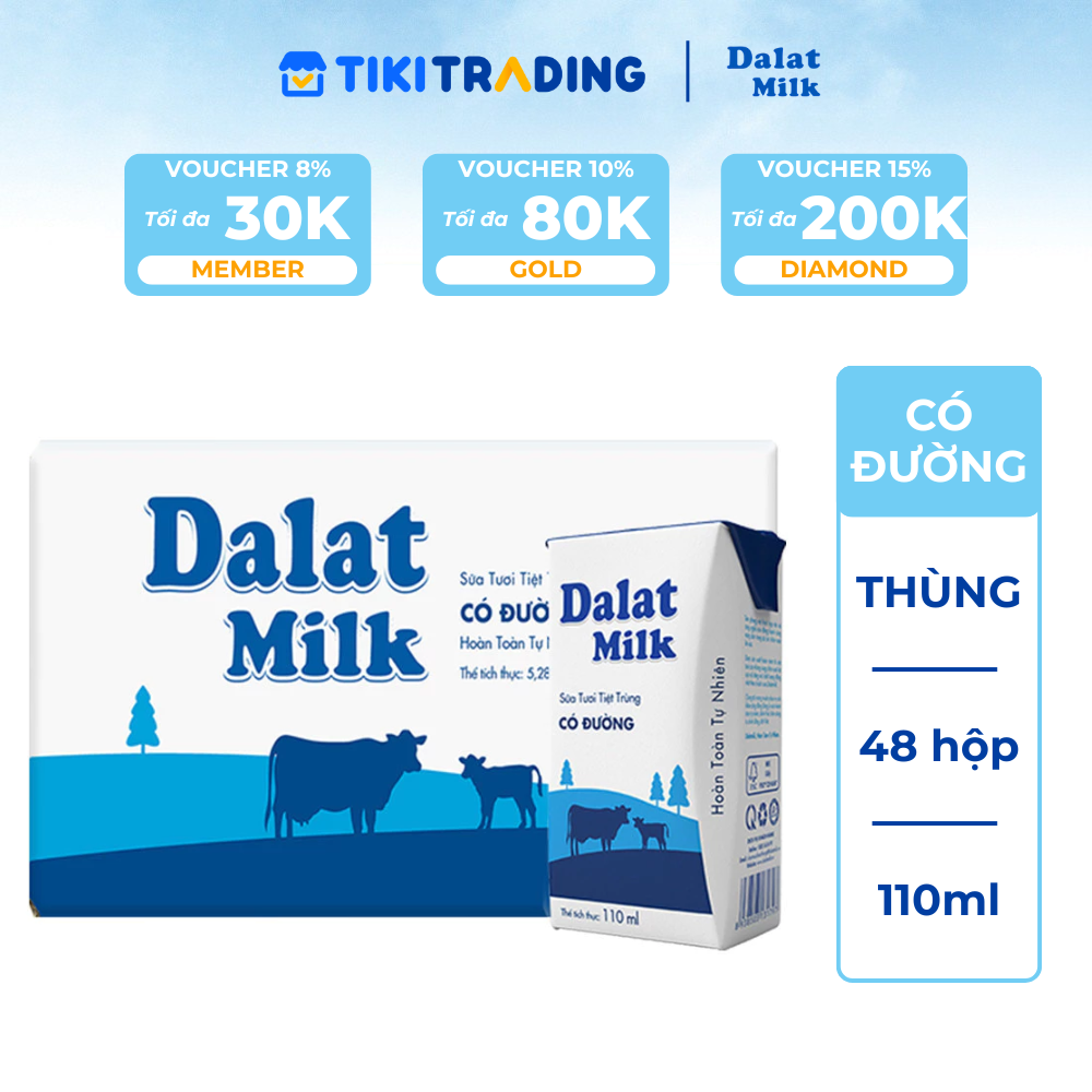 Thùng 48 hộp sữa tươi tiệt trùng Dalatmilk có đường 110ml