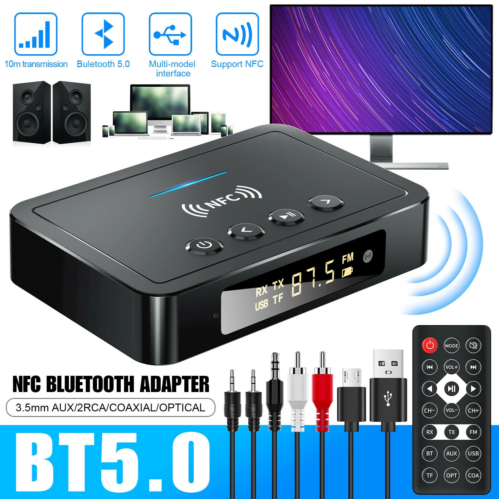 Bộ Thu Bluetooth 5.0 NFC Cho Loa Và Amply M6 Bộ Chuyển Đổi Âm Thanh Không Dây AUX 3.5mm RCA HIFI 3 Trong 1 Có Điều Khiển Từ Xa Cho USB Phát Và Truyền Thẻ TF Màn Hình Led