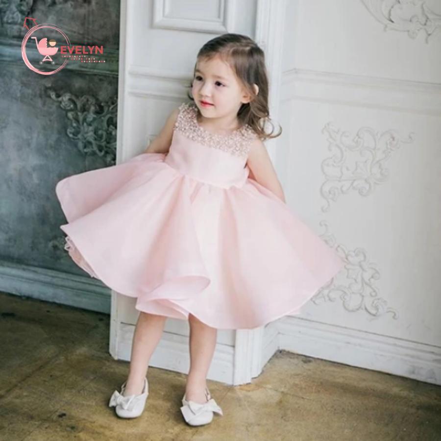 Đầm công chúa hồng đính hạt cườm cho bé từ 1 - 12 tuổi