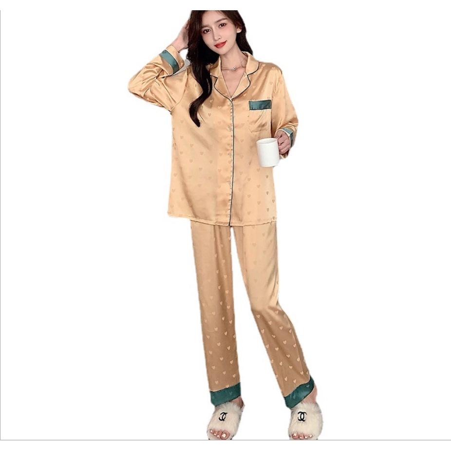 Đồ bộ lụa cao cấp dài tay mặc nhà Bộ đồ ngủ pyjama tay dài phong cách